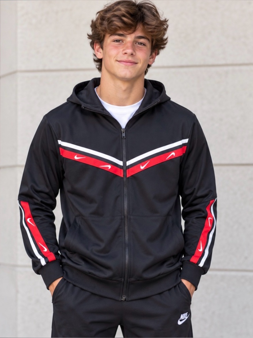 Nike Boys XL Sportswear Club+ Poly Full Zip Hoodie Black Red White Multi Swoosh